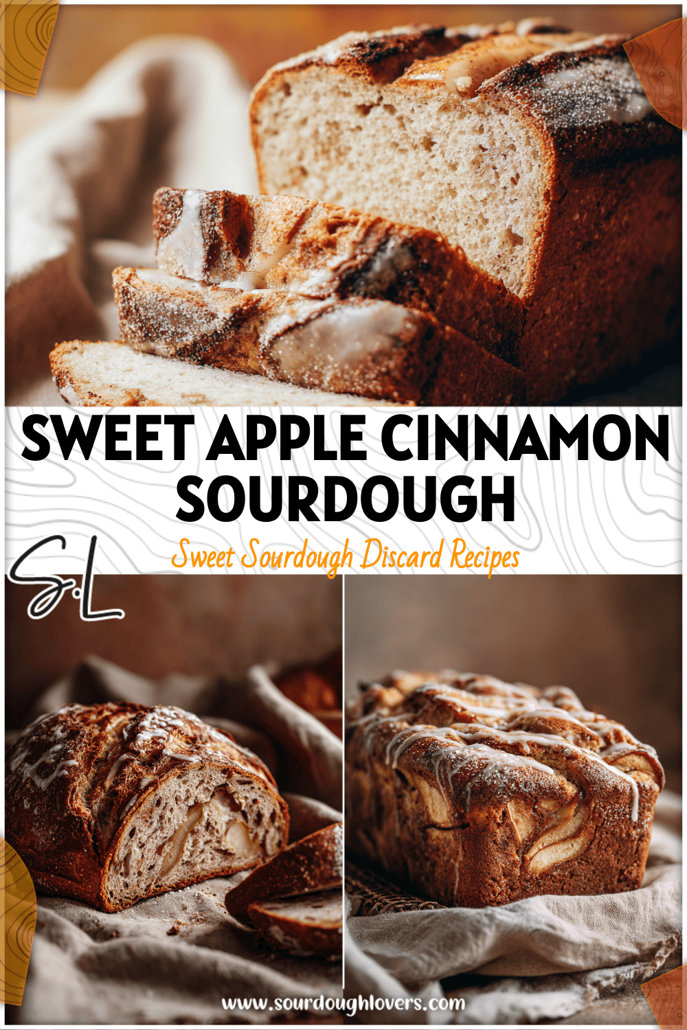 Freshly baked apple cinnamon pear sourdough loaf topped with sugar glaze on a rustic cloth.